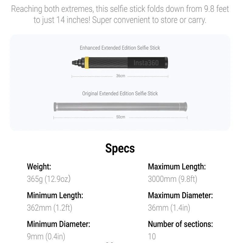 X5 Insta360 3m 9.8ft Extended Edition Selfie Stick for X4, X3, ONE RS, ONE X2, ONE R, ONE X, ONE Action Camera
